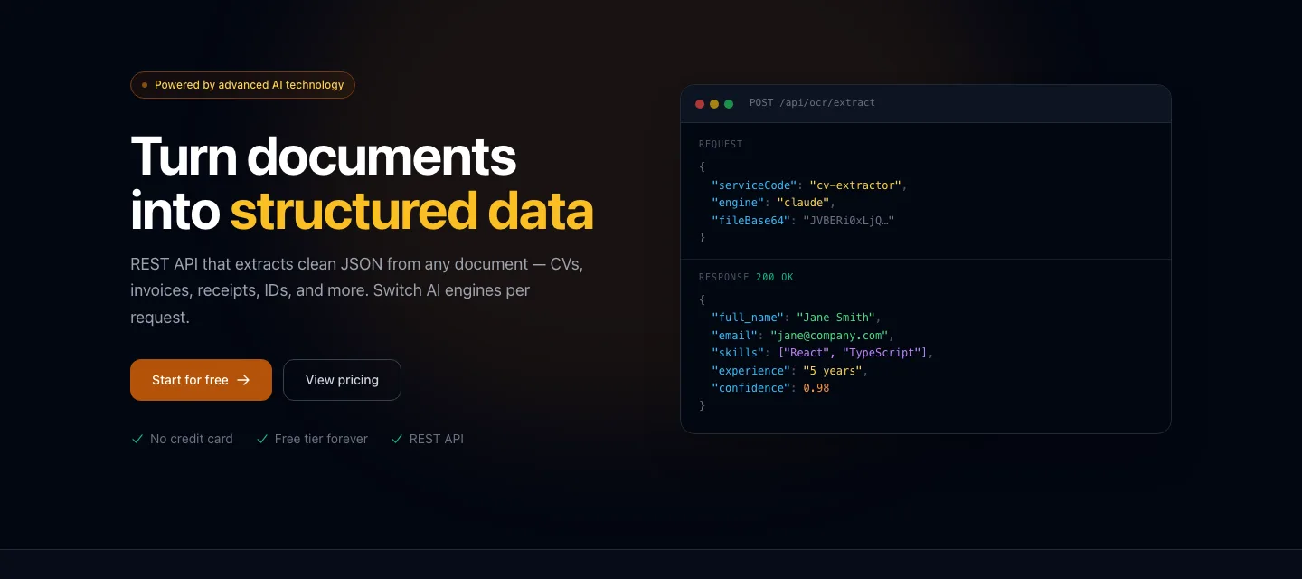 BeeScan's home page: a REST request with a document and the JSON it returns