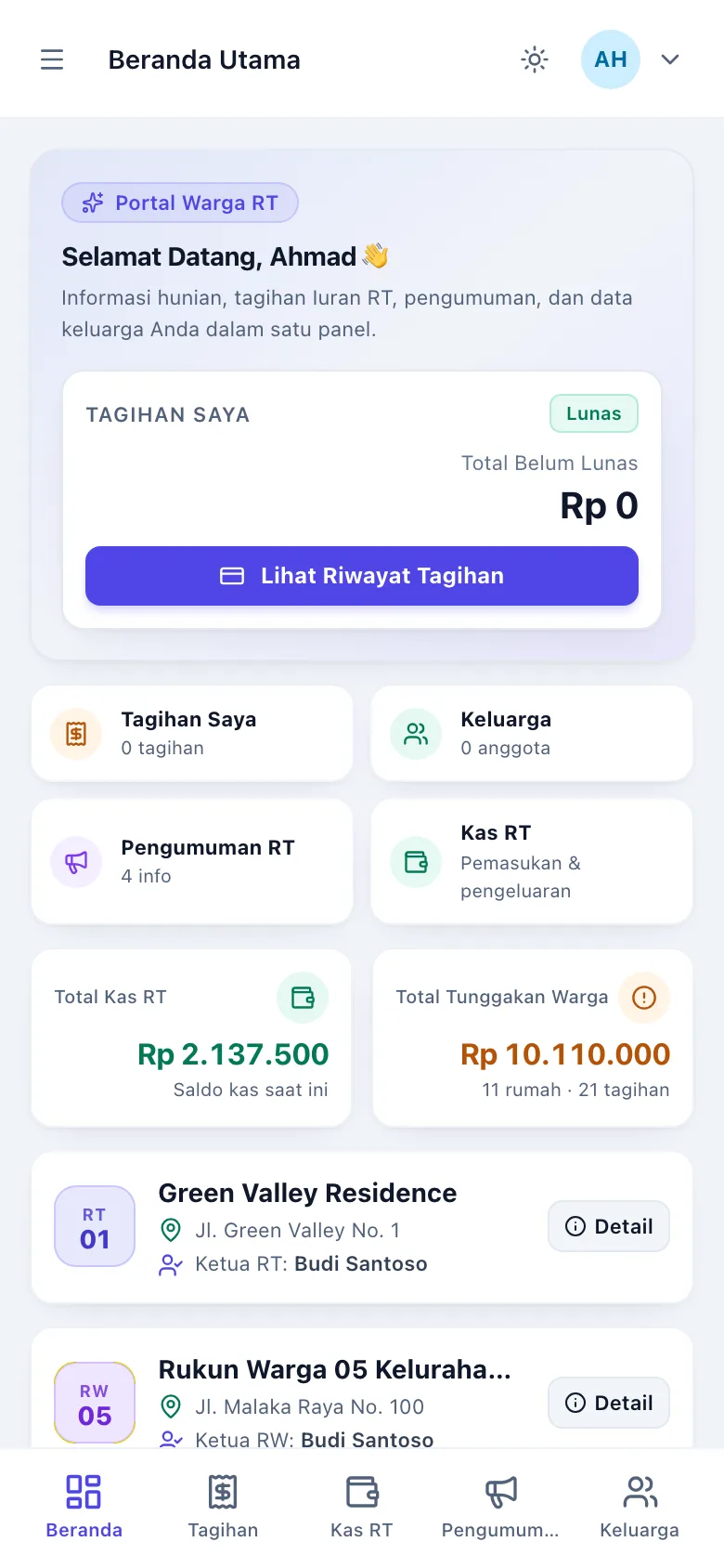 A resident's home screen in ManageRT on a phone
